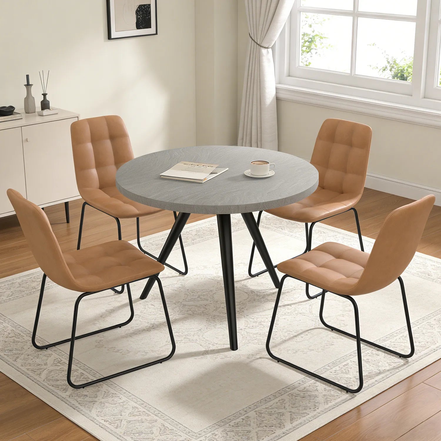 34.8 Round Dining Table Set for 4,5 Piece Mid-Century Modern Dining Set with 4 Upholstered Dining Chairs,Leisure Coffee Table for Kitchen Dining Room, Save Space