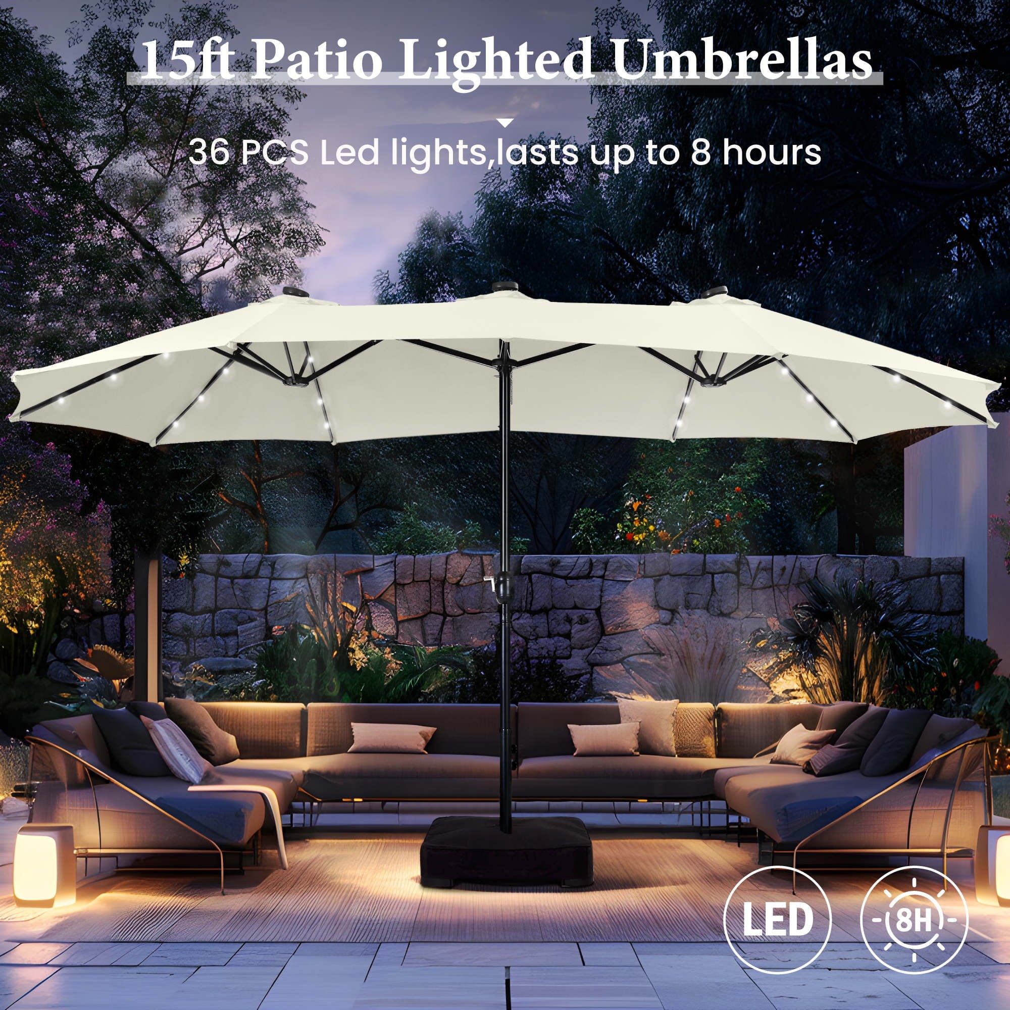 SUMMIT LIVING 15ft Double-Sided Solar Patio Umbrella with Base (Included) Large Outdoor Umbrella with Solar Lights - Beige