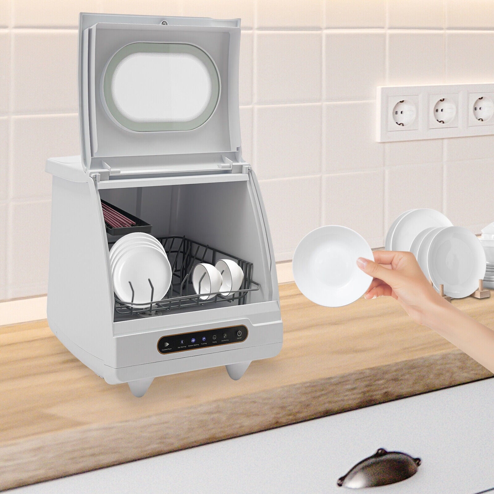 1200W Portable White Countertop Dishwasher Compact Dishwasher 5 Washing Programs