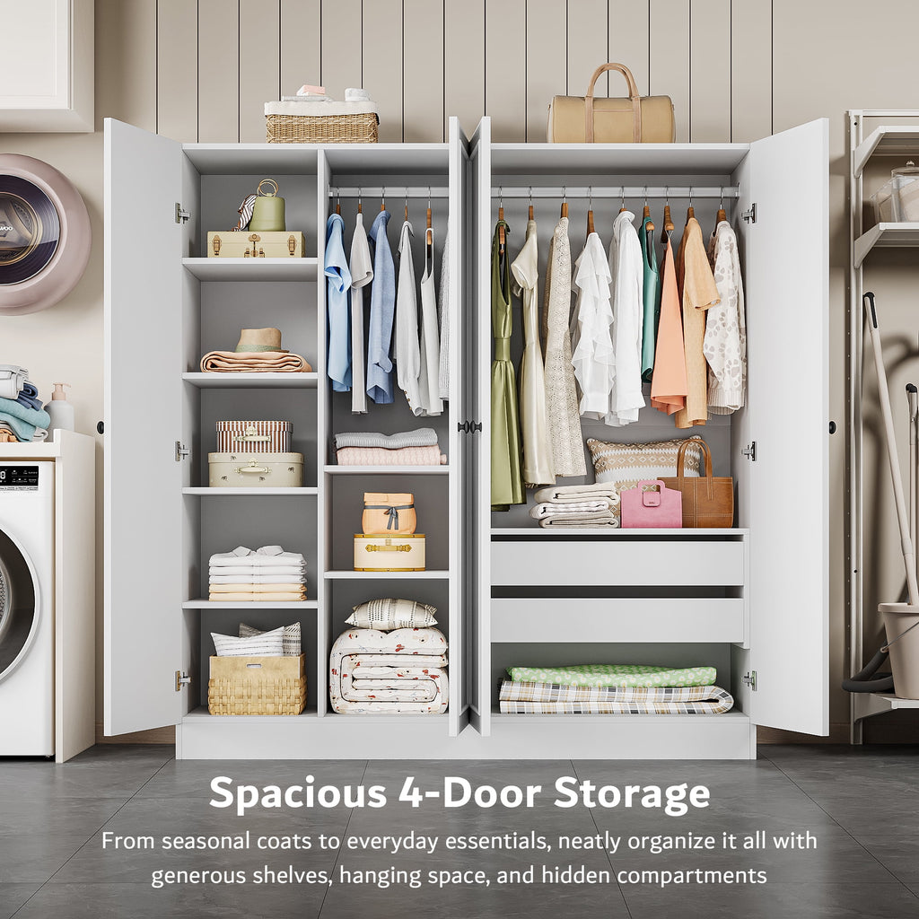 Virans  4 Door Armoire Wardrobe Closet with 2 Drawers,Adjustable Shelves & Hanging Rods,63 W Wood Clothes Cabinet Organizer for Bedroom,White