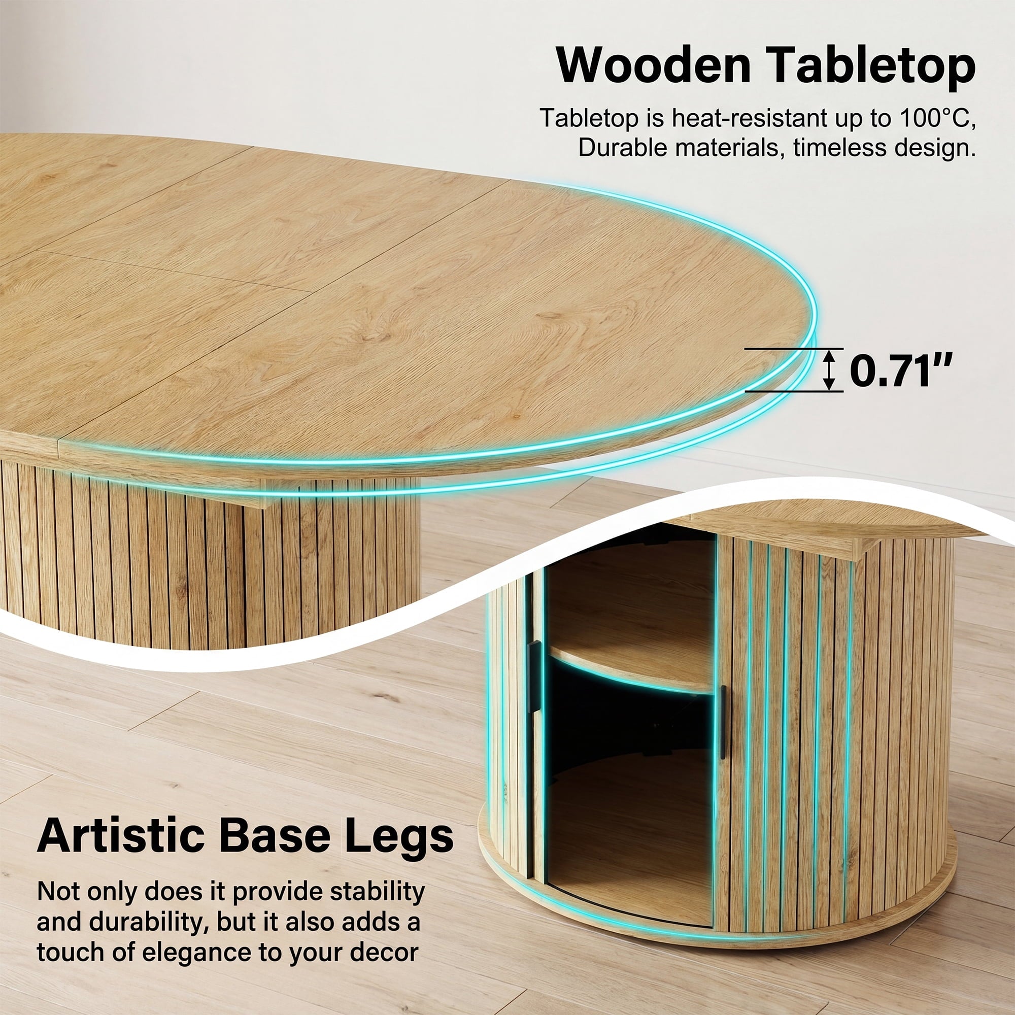 EOP 47″- 63″ Extendable Round Dining Table for 4-6, Wooden Kitchen Table with Hidden Storage and Fluted Sliding Door Cabinet, Modern Space-Saving Table for Dining Room Kitchen, Walnut