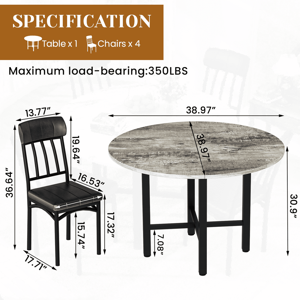 Lamerge Round Dining Table Set for 4,Wood Round Kitchen Table and Chairs Set for 4,Modern Dining Room Table Set with 4 Faux Leather Chairs,Round Dinner Table for Small Space,Brown