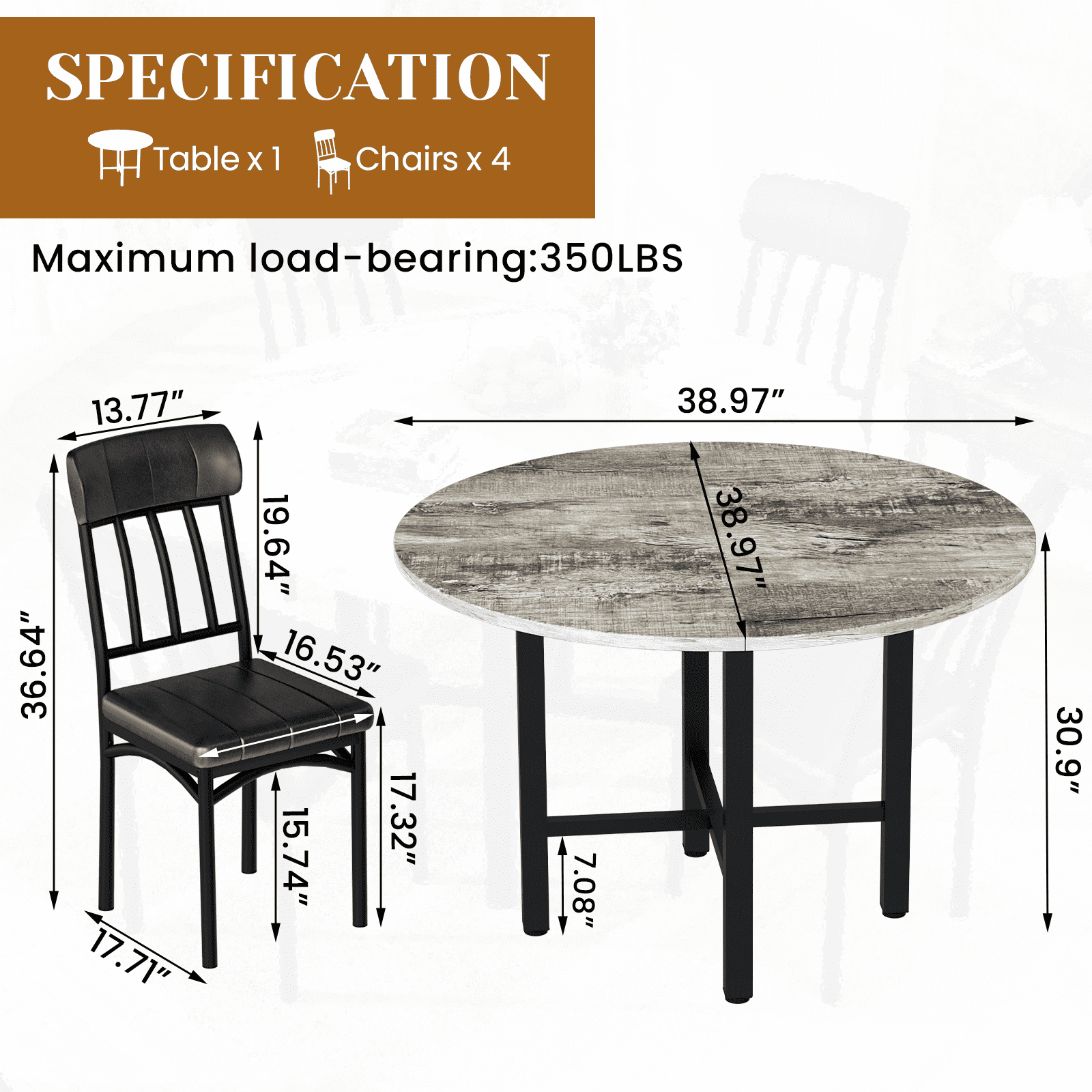 Lamerge Round Dining Table Set for 4,Wood Round Kitchen Table and Chairs Set for 4,Modern Dining Room Table Set with 4 Faux Leather Chairs,Round Dinner Table for Small Space,Brown