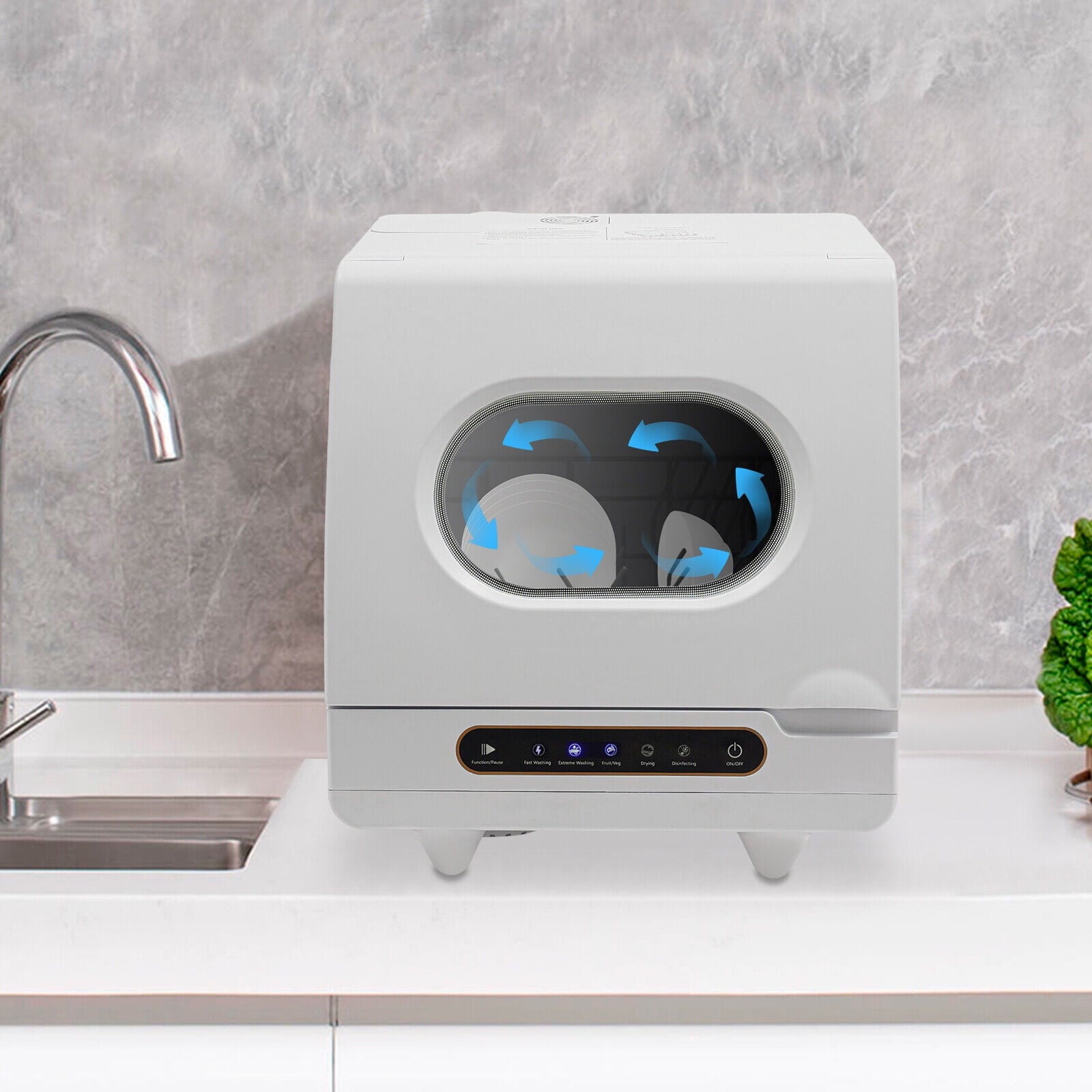 1200W Portable White Countertop Dishwasher Compact Dishwasher 5 Washing Programs