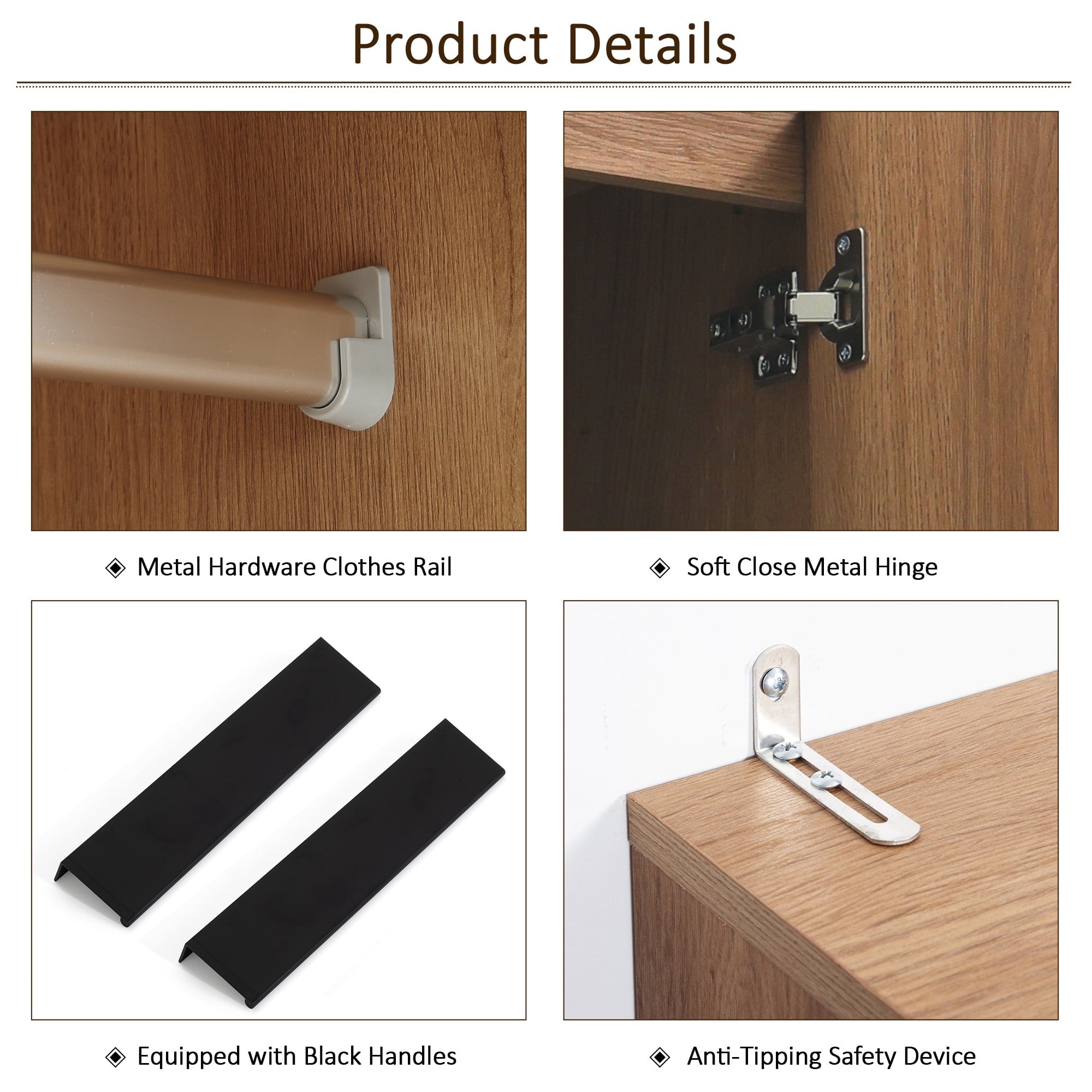 Brafabhome 67H Fluted Armoire Wardrobe Closet with Drawer, Wooden 2 Doors Wardrobe Cabinet with Hanging Rod & Adjustable Shelf for Bedroom | Nature
