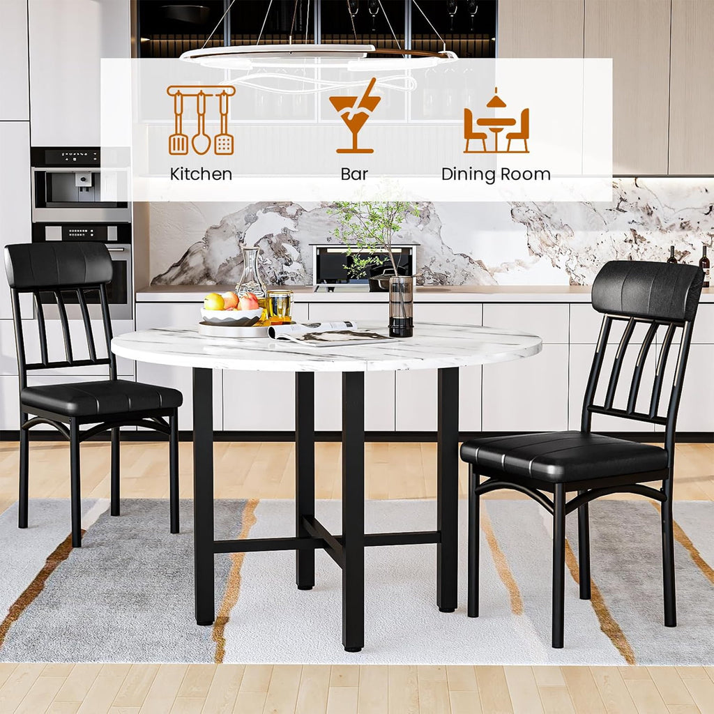 LinkRomat Round Dining Table Set for 4, Modern Dining Room Sets with 4 Faux Leather Chairs, Kitchen Dinner Wooden Table & Chair Set for Small Space, Grey