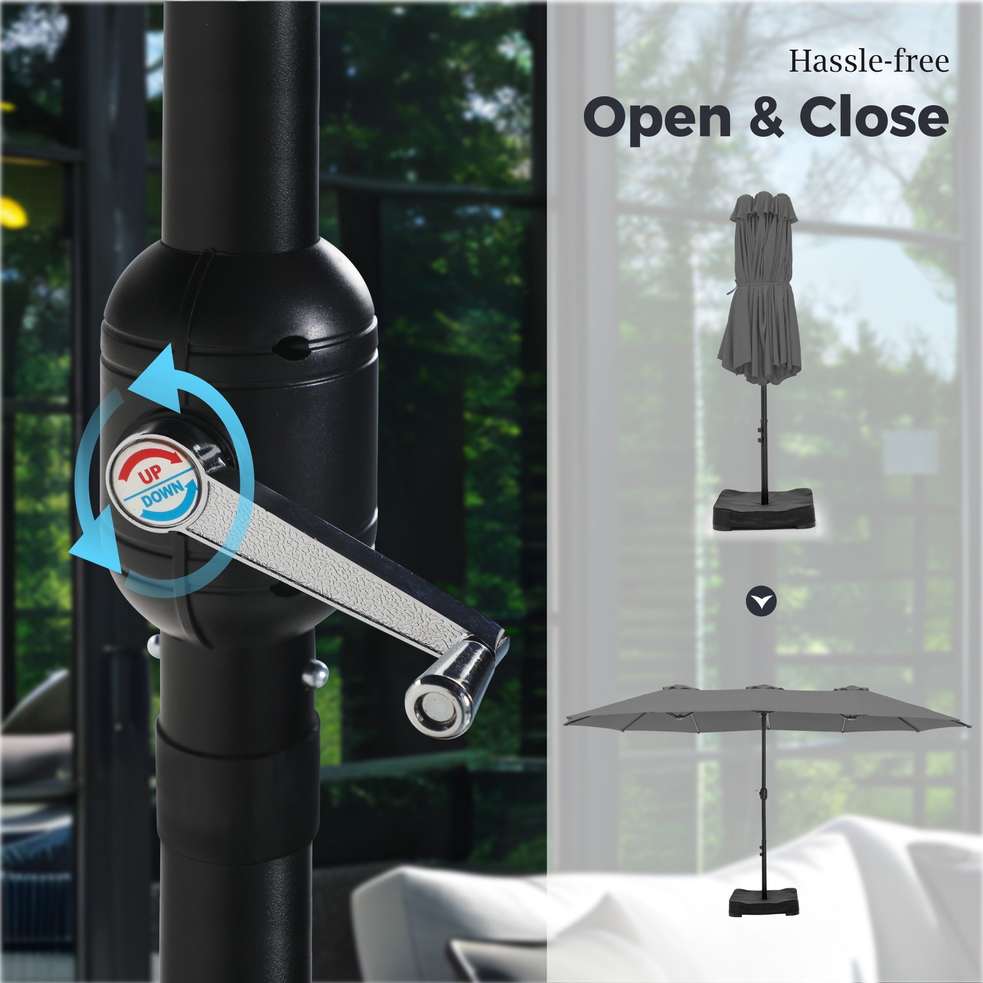 Alpha Joy 15ft Outdoor Patio Umbrella Extra-Large Double-Sided Garden Umbrella with Crank Handle and Base - Smoky Gray