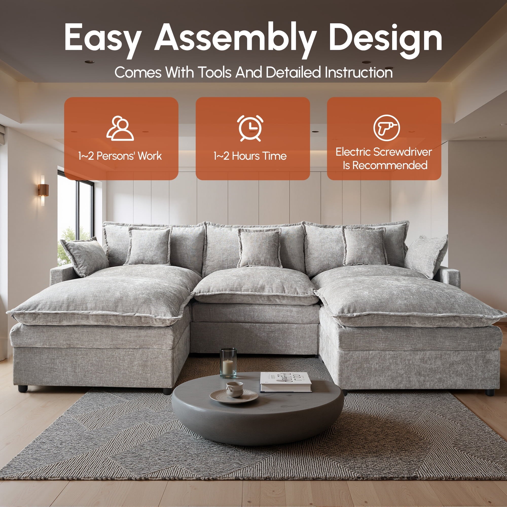 Ovios 108 Modular Sectional Sofa U-Shaped Cloud Couch with 2 Ottomans, Comfy Living Room Furniture, Chenille, Gray
