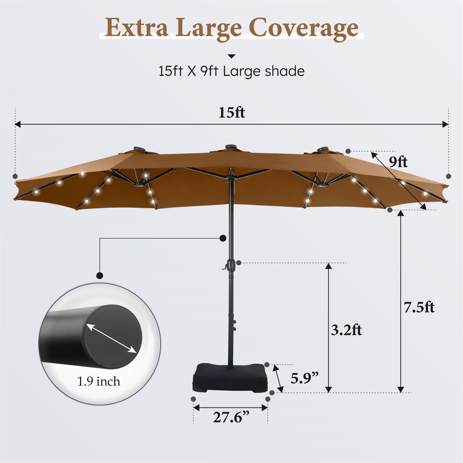 SUMMIT LIVING 15ft Double-Sided Solar Patio Umbrella with Base (Included) Large Outdoor Umbrella with Solar Lights - Beige