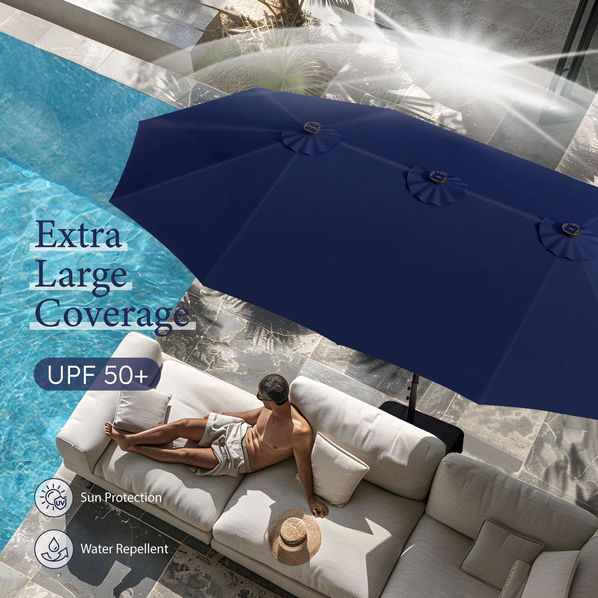 SUMMIT LIVING 15ft Double-Sided Solar Patio Umbrella with Base (Included) Large Outdoor Umbrella with Solar Lights - Beige