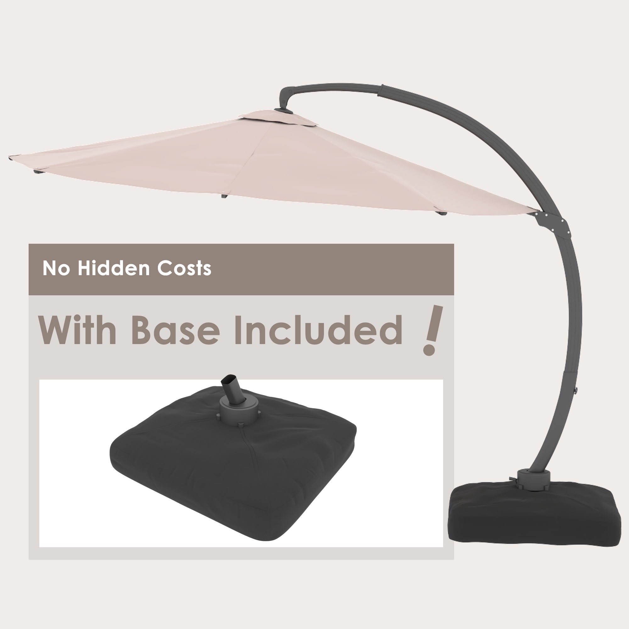 LAZZO 12ft Outdoor Patio Umbrella with Base and Lights, Aluminum Offset Cantilever Umbrella for Pool Deck, Champagne