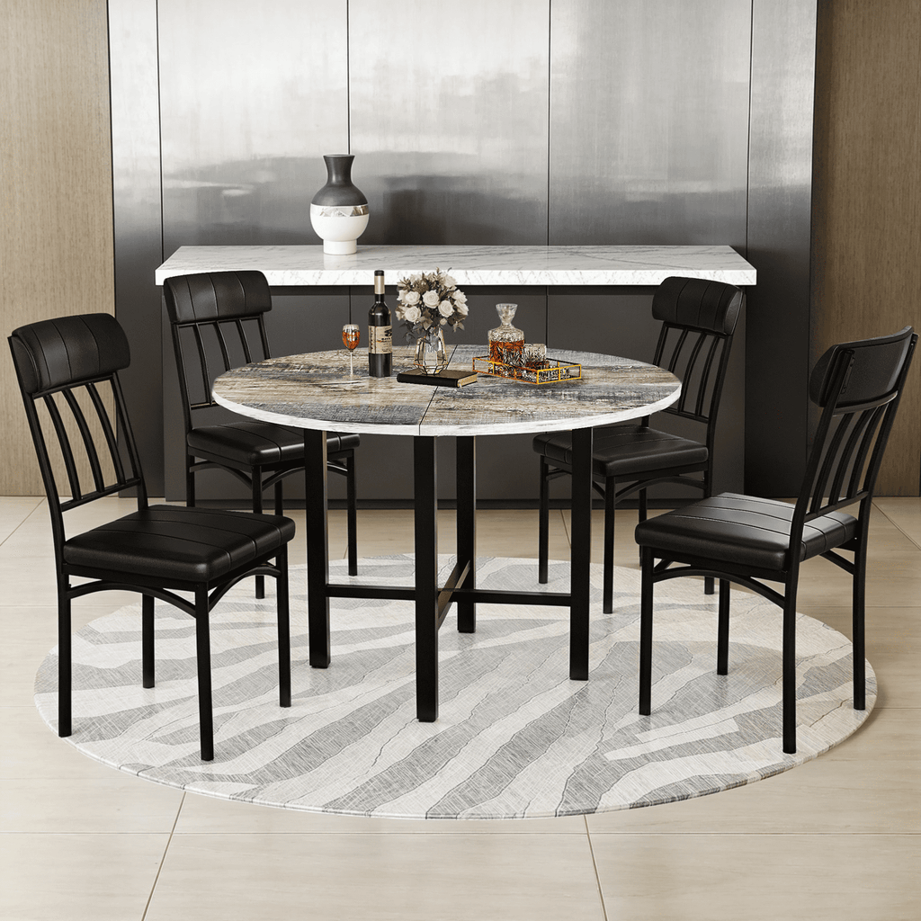 Lamerge Round Dining Table Set for 4,Wood Round Kitchen Table and Chairs Set for 4,Modern Dining Room Table Set with 4 Faux Leather Chairs,Round Dinner Table for Small Space,Brown