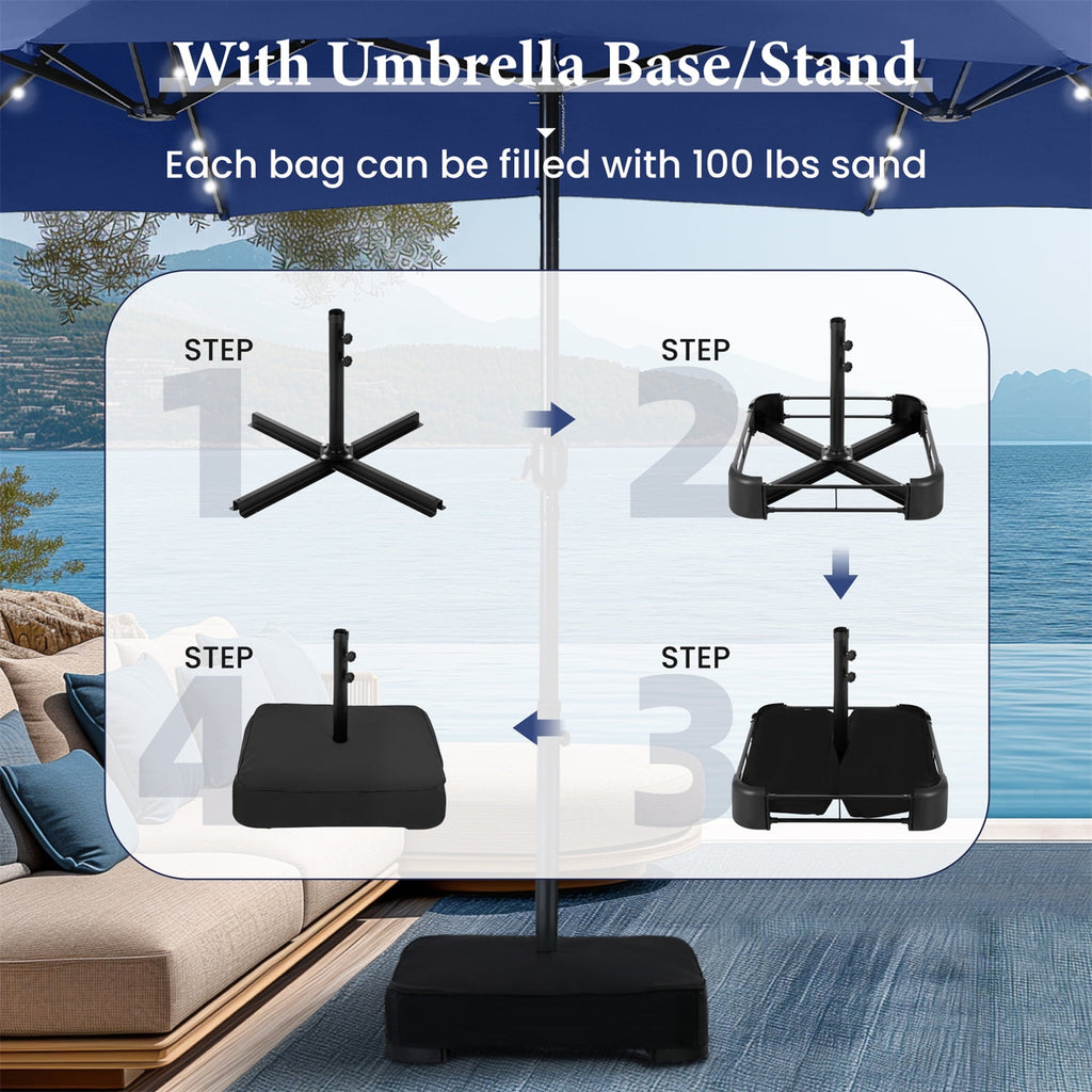 SUMMIT LIVING 15ft Double-Sided Solar Patio Umbrella with Base (Included) Large Outdoor Umbrella with Solar Lights - Beige
