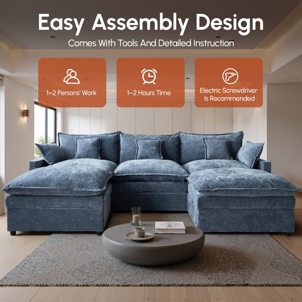 Ovios 108 Modular Sectional Sofa U-Shaped Cloud Couch with 2 Ottomans, Comfy Living Room Furniture, Chenille, Camel