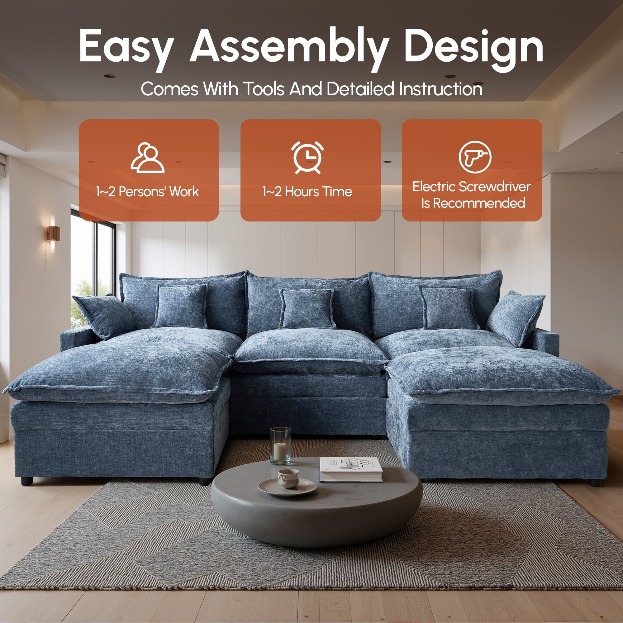 Ovios 108 Modular Sectional Sofa U-Shaped Cloud Couch with 2 Ottomans, Comfy Living Room Furniture, Chenille, Camel
