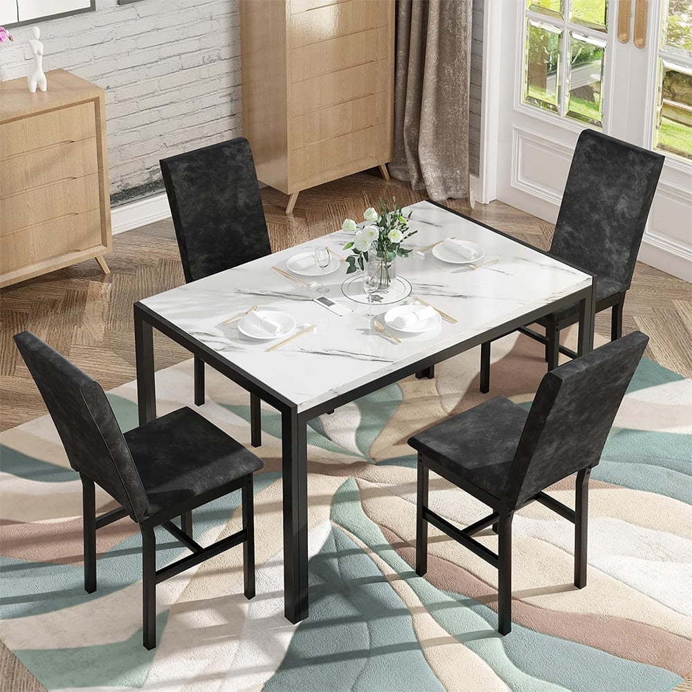 LinkRomat 5-Piece Faux Marble Dining Table Set for 4, Modern Kitchen Table with Chairs, Dinette Dining Room Furniture Set for Compact Space Saving