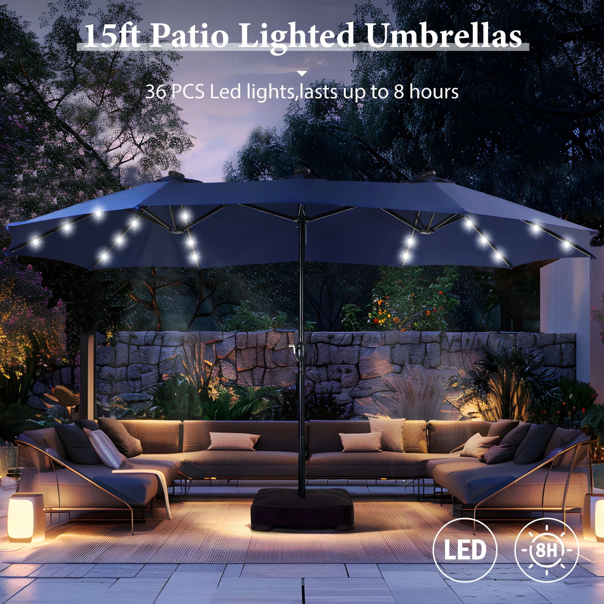 SUMMIT LIVING 15ft Double-Sided Solar Patio Umbrella with Base (Included) Large Outdoor Umbrella with Solar Lights - Beige
