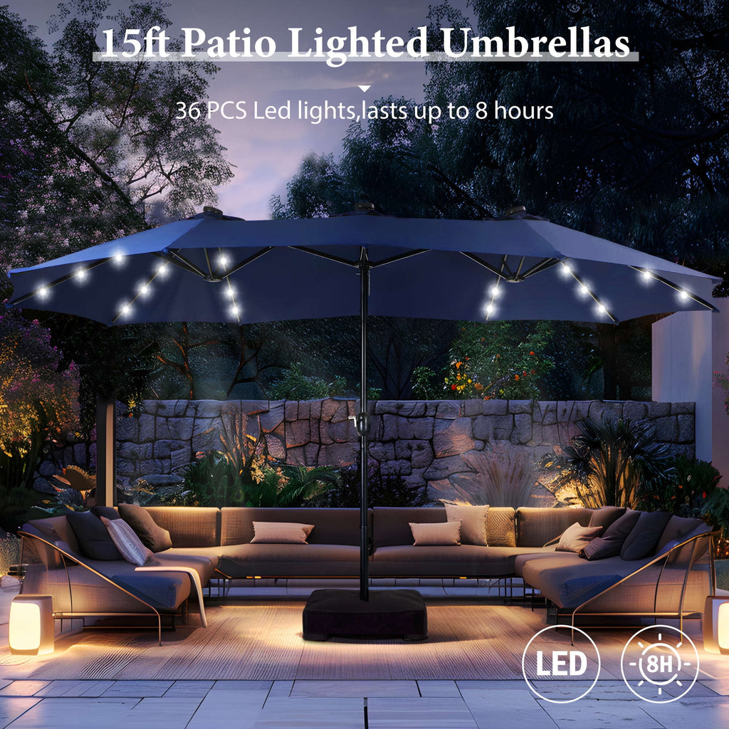 SUMMIT LIVING 15 FT Double-Sided Solar Patio Umbrella with Base Large Outdoor Umbrella with LED Solar Lights - Haze Blue