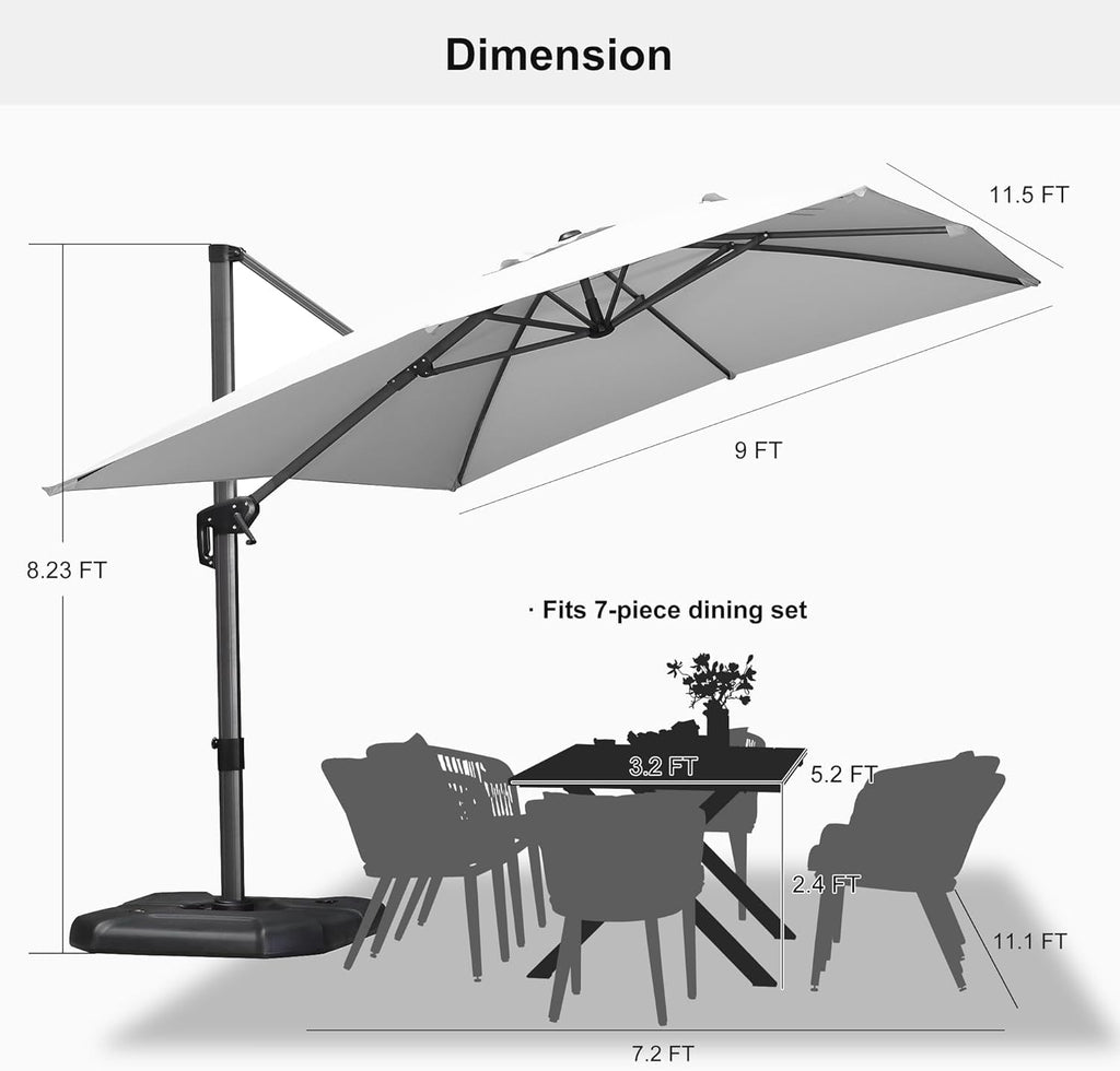 PURPLE LEAF 9x11.5 Ft Cantilever Umbrella Rectangle Outdoor Patio Umbrella Large Offset Hanging Umbrella Aluminum Umbrella with 360°Rotation Adjustable Garden Pool Umbrella,Turquoise Blue