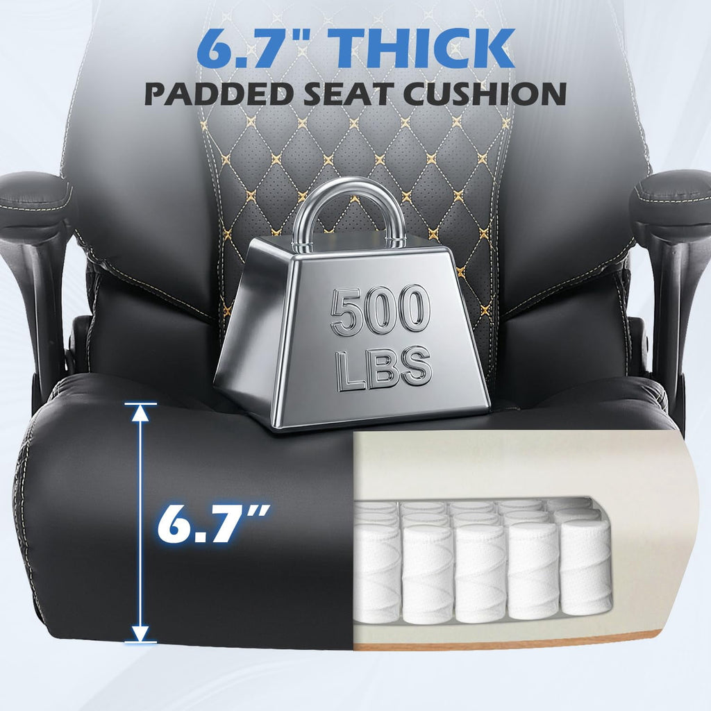JONPONY Leather Office Chair, Big and Tall 500lbs Ergonomic Desk Chairs with Back Support, Executive Leather Chair with Wheels for Home Office, with Adjustable Padded Armrest & Lumbar Support , Black