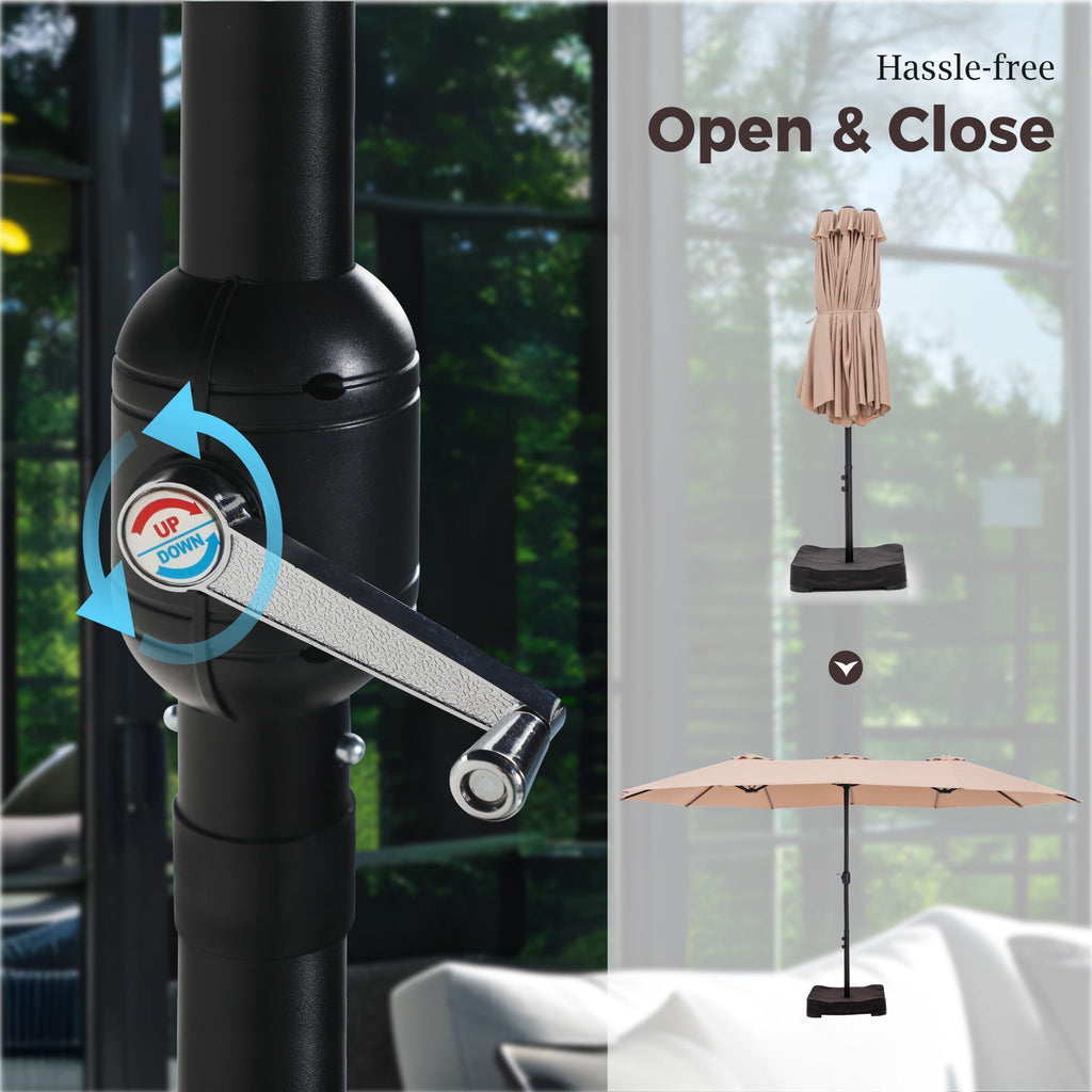 Alpha Joy 15ft Outdoor Patio Umbrella Extra-Large Double-Sided Garden Umbrella with Crank Handle and Base - Smoky Gray