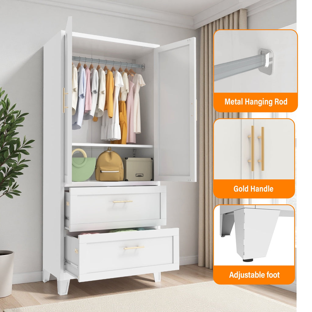 AISWORD 60 Tall Metal Wardrobe Cabinet with 1 Drawer and Hanging Rod, 2 Doors Closet with Adjustable Shelf, White