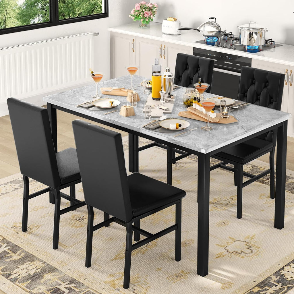 Baxluxe Dining Table Set for 4, Space Saving Rectangle Dining Table with 4 Velvet Dining Chairs, Faux Marble Kitchen Table and Chairs Set, Modern Dining Room Set for Kitchen, Pub, Beige+Gray