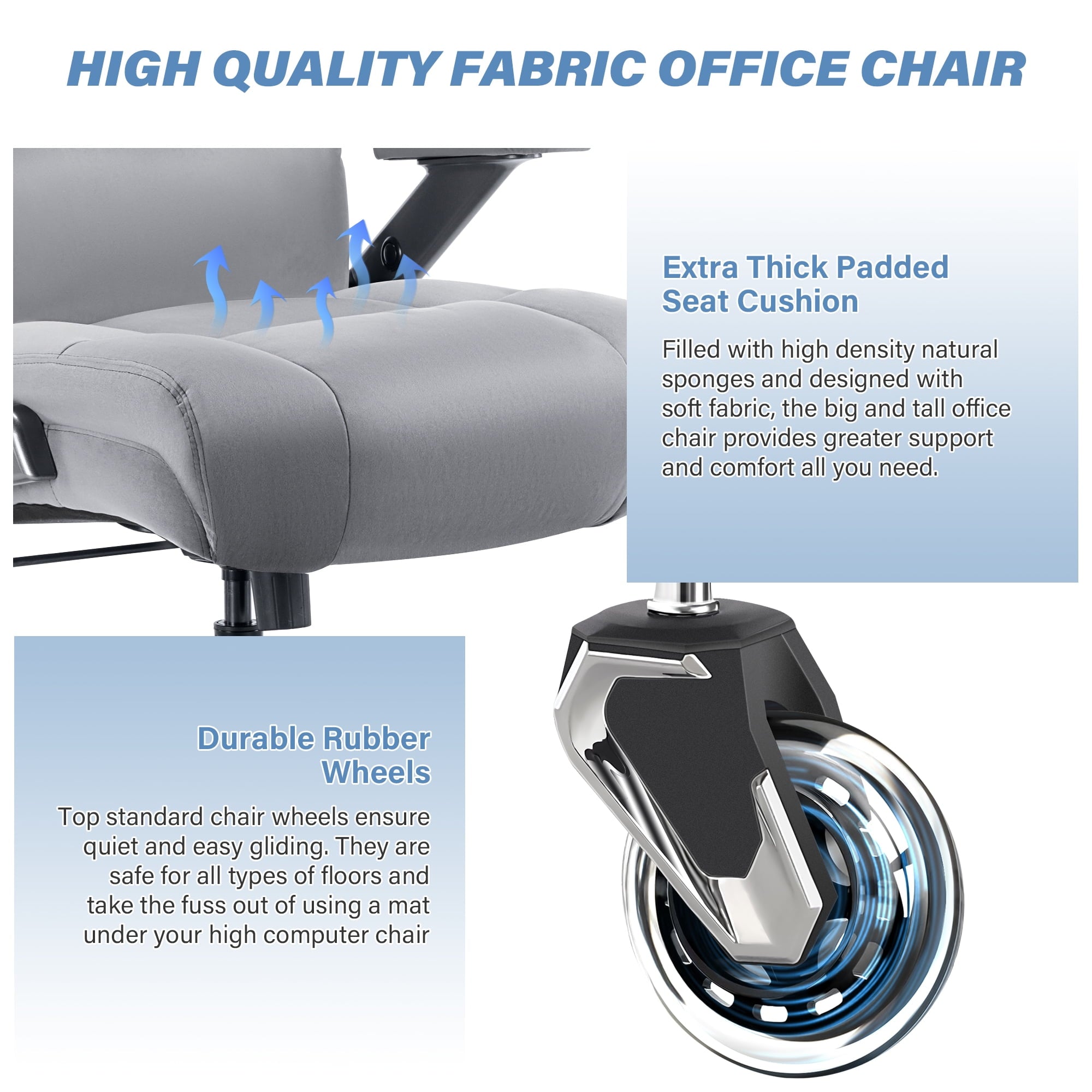 Big and Tall 700lbs Office Chair, Ultra-Soft Fabric Executive Desk Chair, Ergonomic Computer Chair with 3D Flip Up Arms, Adjustable Lumbar Support, Heavy Duty Metal Base and Quiet Rubber Wheel, Black