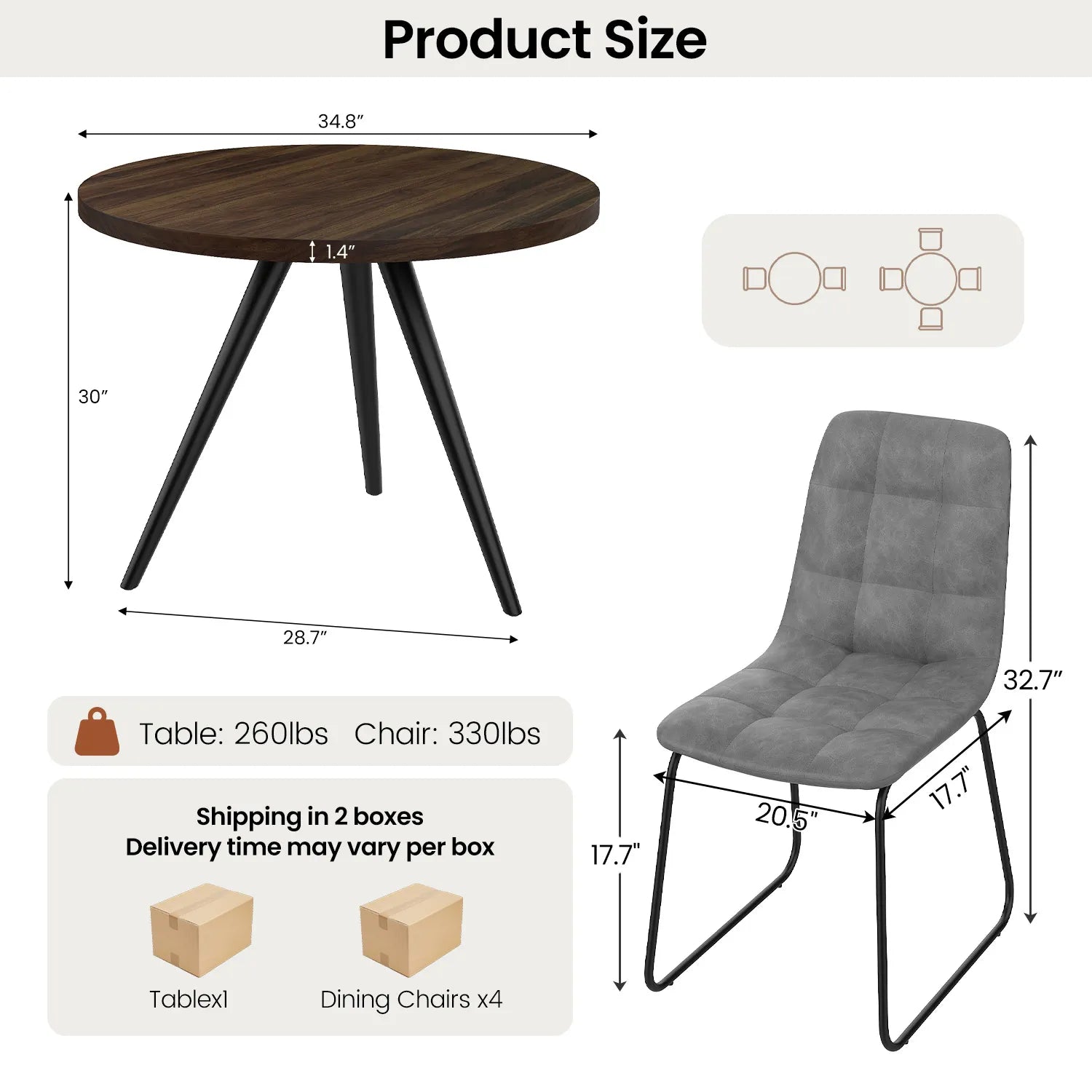 34.8 Round Dining Table for 4 People, Modern Circle Kitchen Table with Metal Legs for Kitchen, Dining Room, Apartment,Gray
