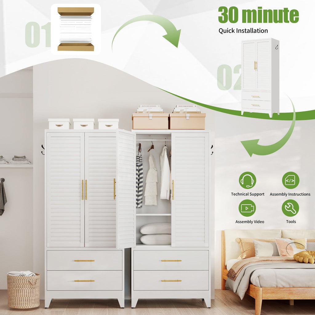 avobird 60 Tall Metal Wardrobe Cabinet with 1 Drawer and Hanging Rod, 2 Doors Wardrobe Closet with Shelf for Bedroom, Beige