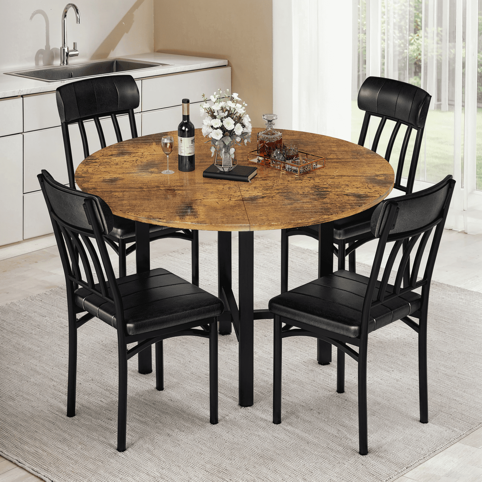 MIERES Round Dining Table Set for 4,Wood Round Kitchen Table and Chairs Set for 4,Modern Dining Room Table Set with 4 Faux Leather Chairs,Round Dinner Table for Small Space Gray