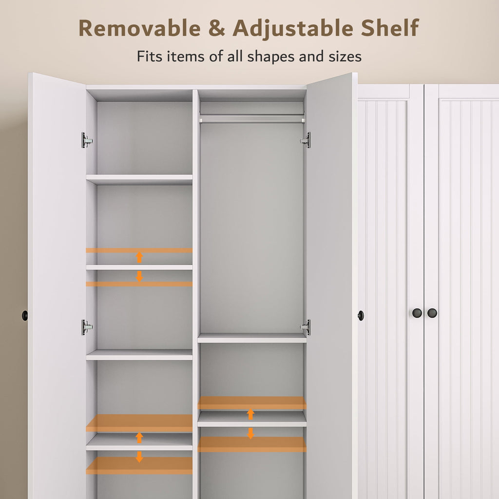 Virans  4 Door Armoire Wardrobe Closet with 2 Drawers,Adjustable Shelves & Hanging Rods,63 W Wood Clothes Cabinet Organizer for Bedroom,White