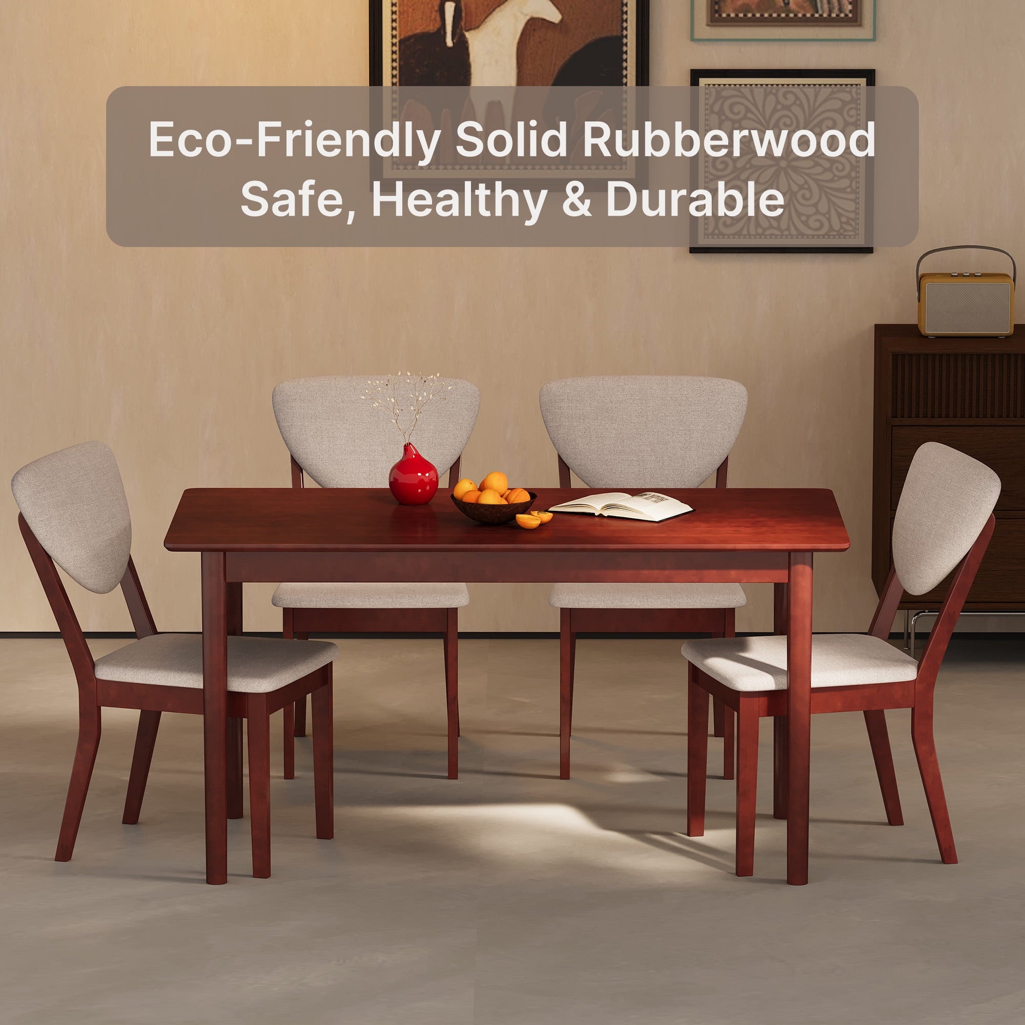 Asofer 5-Piece Dining Table Set for 4, Mid-Century Modern Solid Wood  Kitchen Table and 4 Upholstered Chairs, Small Space Rubberwood Dinette Set for Apartment, Walnut