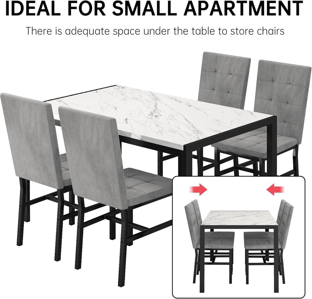 MOOSENG 5-Piece Dining Table Set with Faux Marble Top, Modern Kitchen Table and Set of 4 Grey Velvet Upholstered Chairs, Space-Saving Dinette Set for Small Spaces