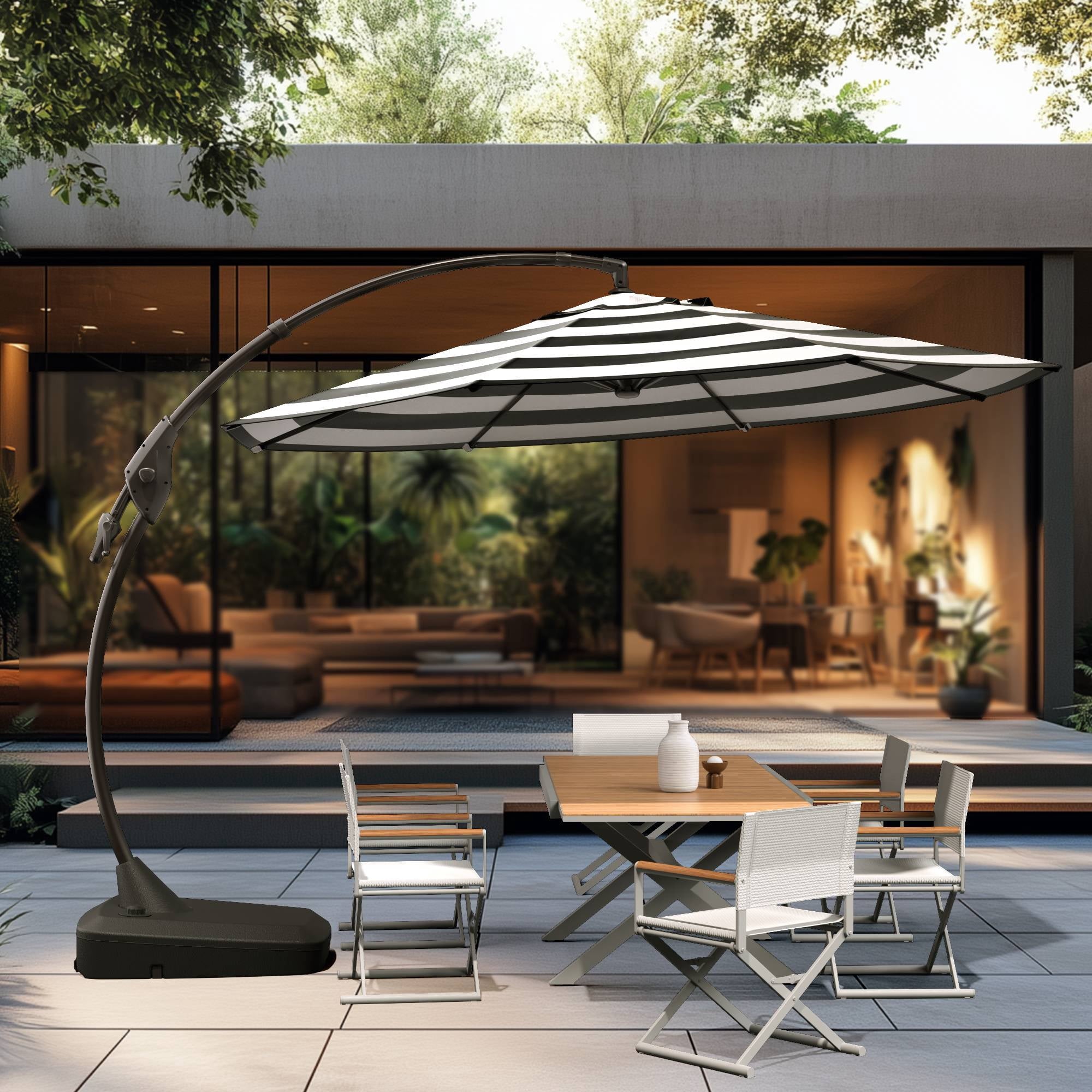 GRANDPATIO 12 Ft Outdoor Umbrella with Base, Large Aluminum Cantilever Offset Umbrella for Patio Pool, Black & White