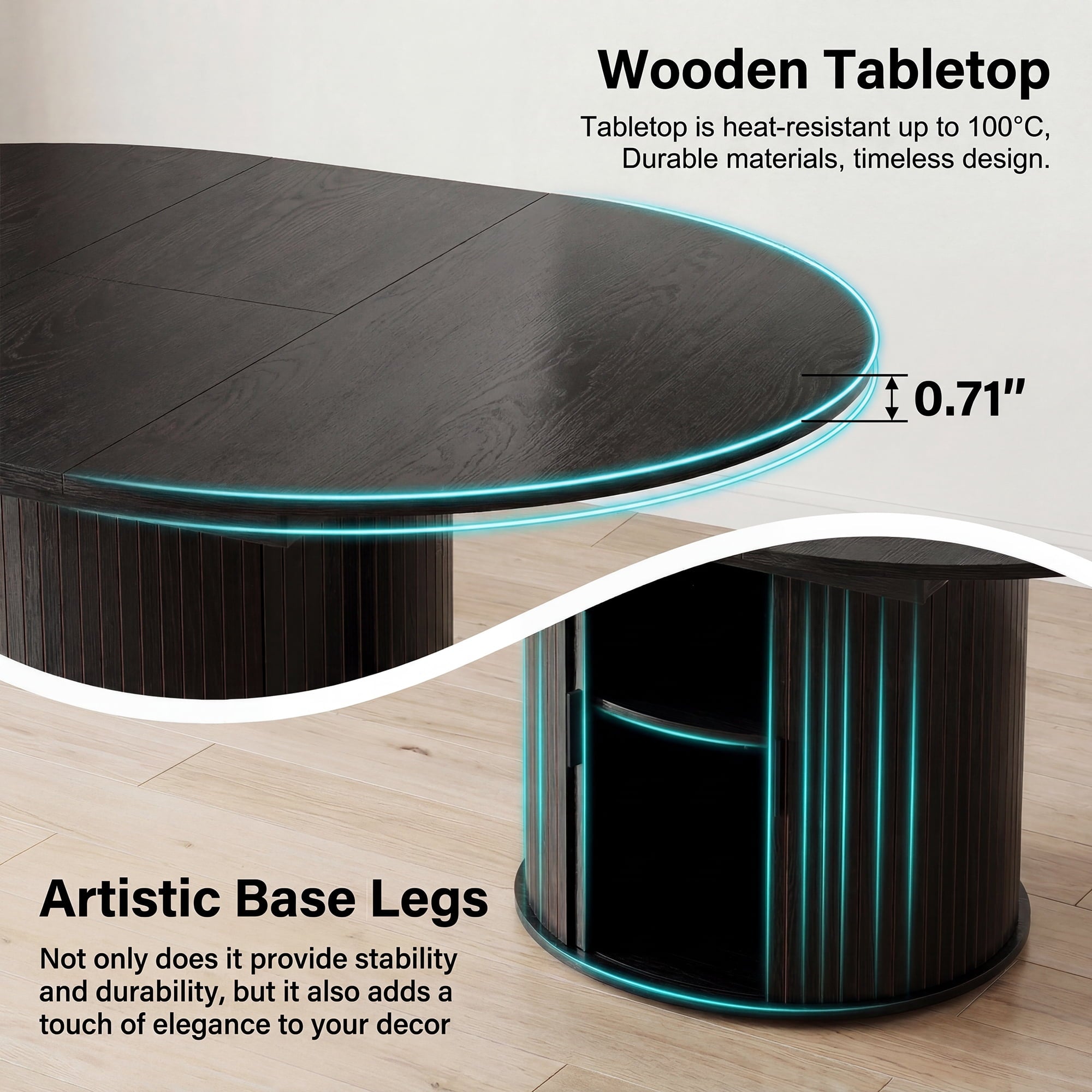 EOP 47″- 63″ Extendable Round Dining Table for 4-6, Wooden Kitchen Table with Hidden Storage and Fluted Sliding Door Cabinet, Modern Space-Saving Table for Dining Room Kitchen, Natural Wood