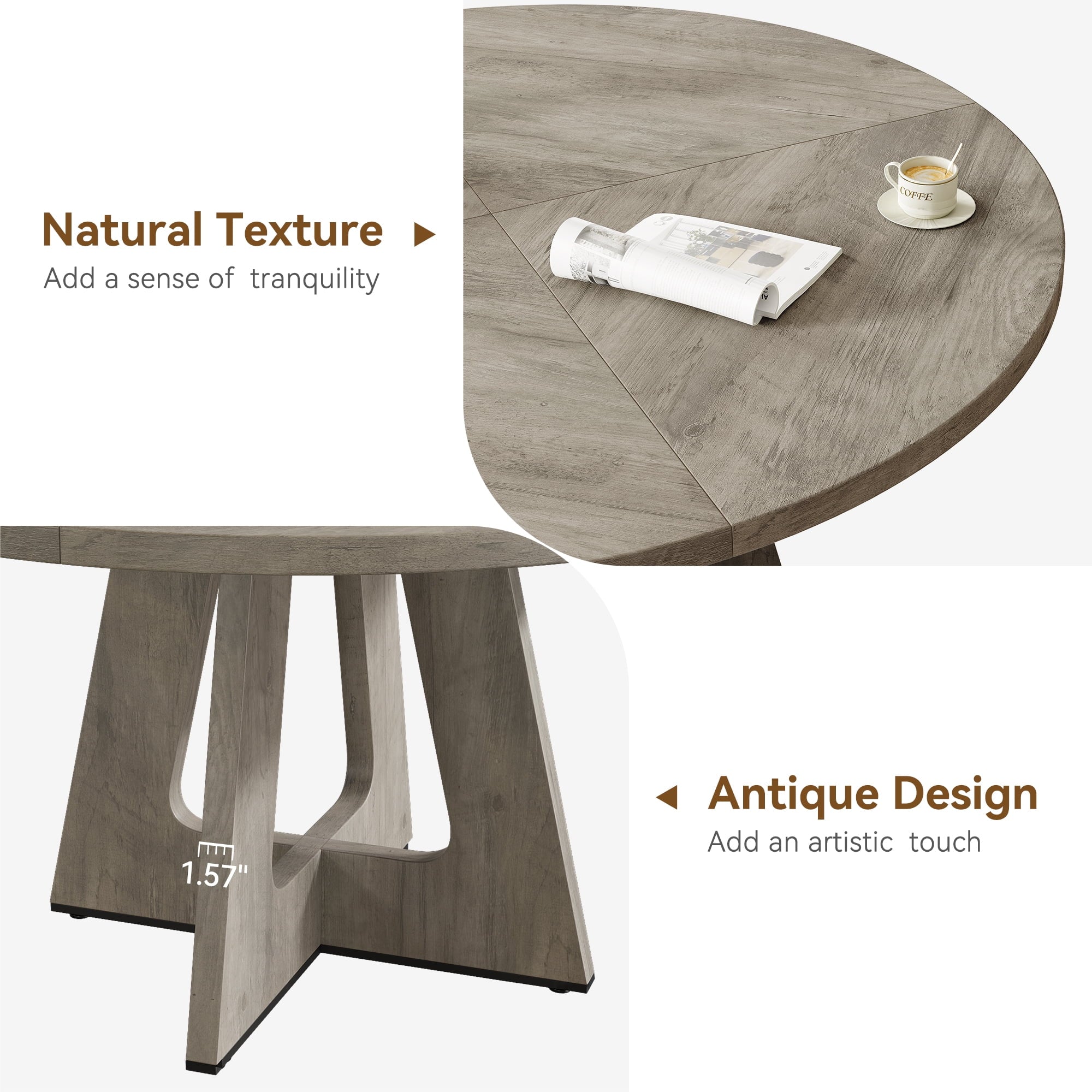 Ataucjin 47-Inch Round Large Dining Table, Wooden Kitchen Table Set for 4, Farmhouse Dinner Table with Wooden Top and Legs for Home Dining Room or Living Room - Rustic Brown(Only Table)