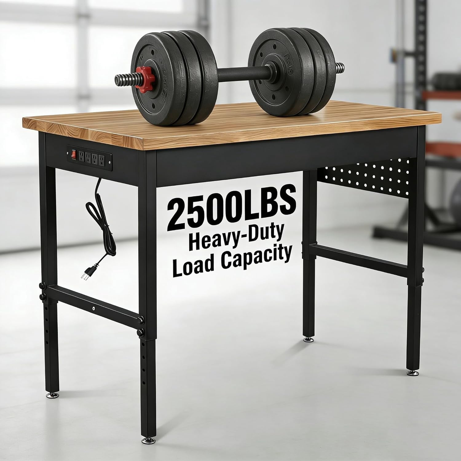 70 Inch Adjustable Workbench with Power Outlet Heavy Duty 2500 LBS Load Capacity Hardwood Work Table for Garage 6 Level Height Adjustable Workshop Bench with Wheels (70x22)