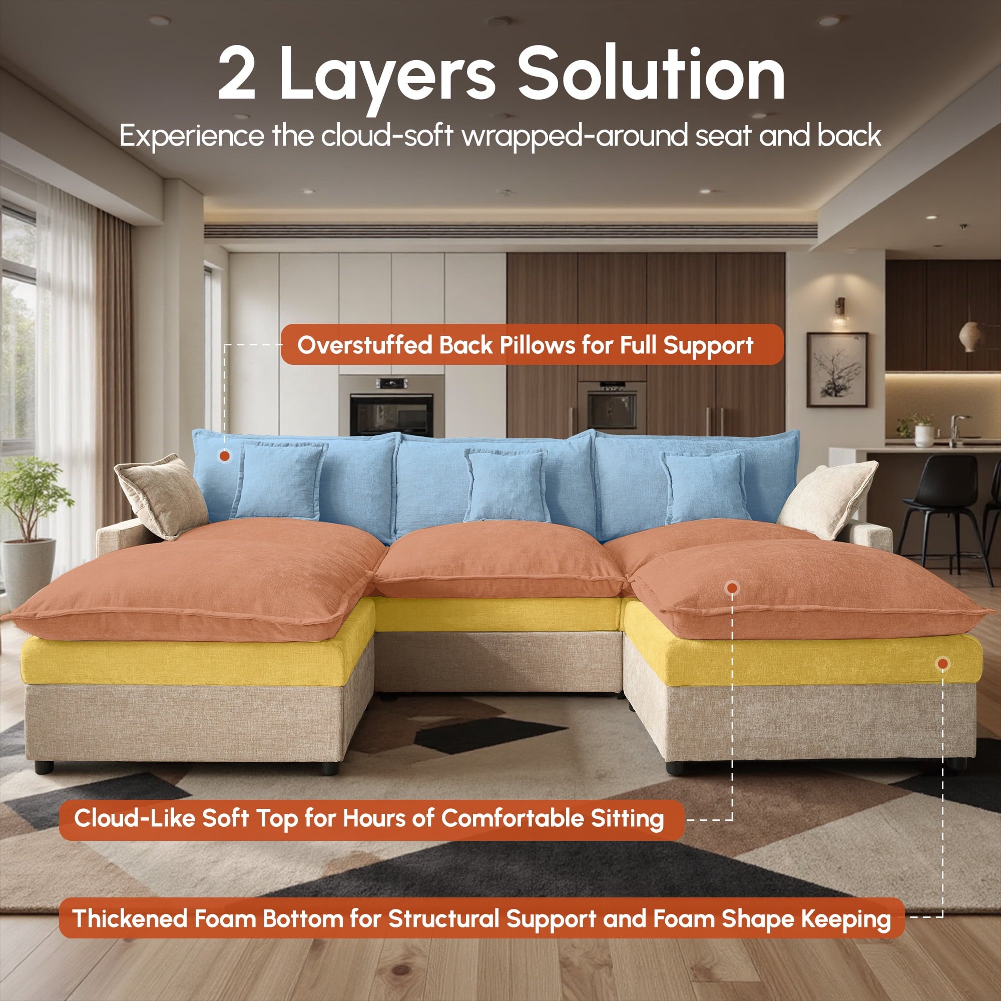 Ovios 108 Modular Sectional Sofa U-Shaped Cloud Couch with 2 Ottomans, Comfy Living Room Furniture, Chenille, Camel