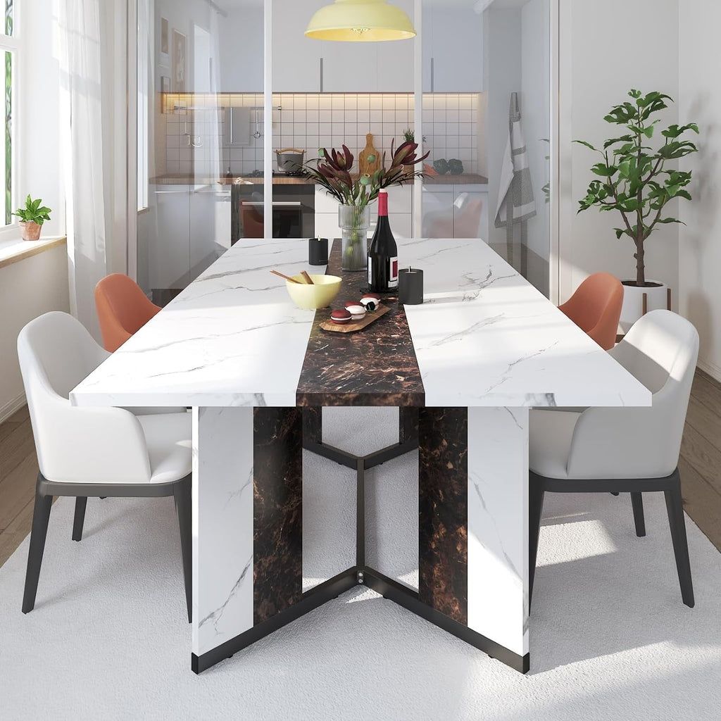 71 inch Large Rectangular Dining Table for 6-8 People, Dining Table with Marble-Color Wood Waterproof Tabletop and Adjustable Leg, 6ft Luxurious Family Dinner Table for Office Kitchen Living Room