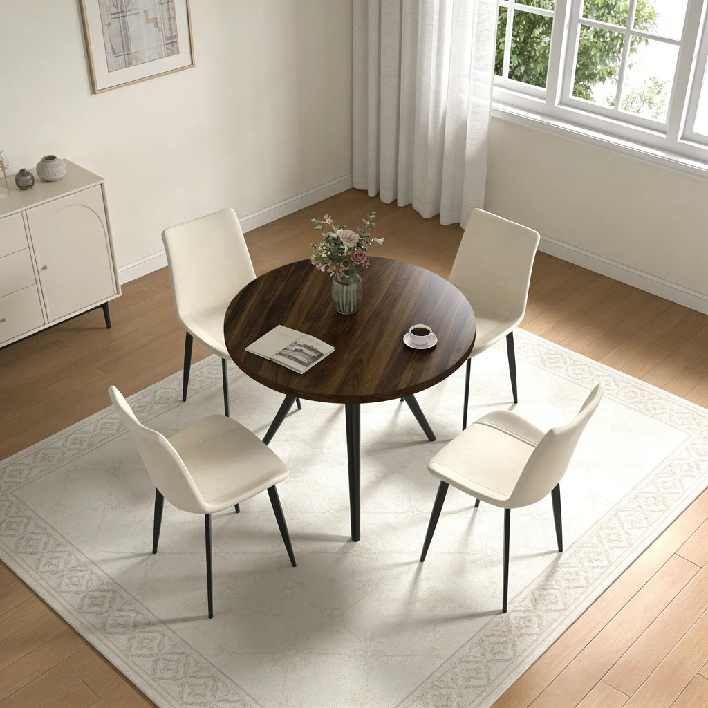 34.8 Round Dining Table Set for 4,5 Piece Mid-Century Modern Dining Set with 4 Upholstered Dining Chairs,Leisure Coffee Table for Kitchen Dining Room, Save Space