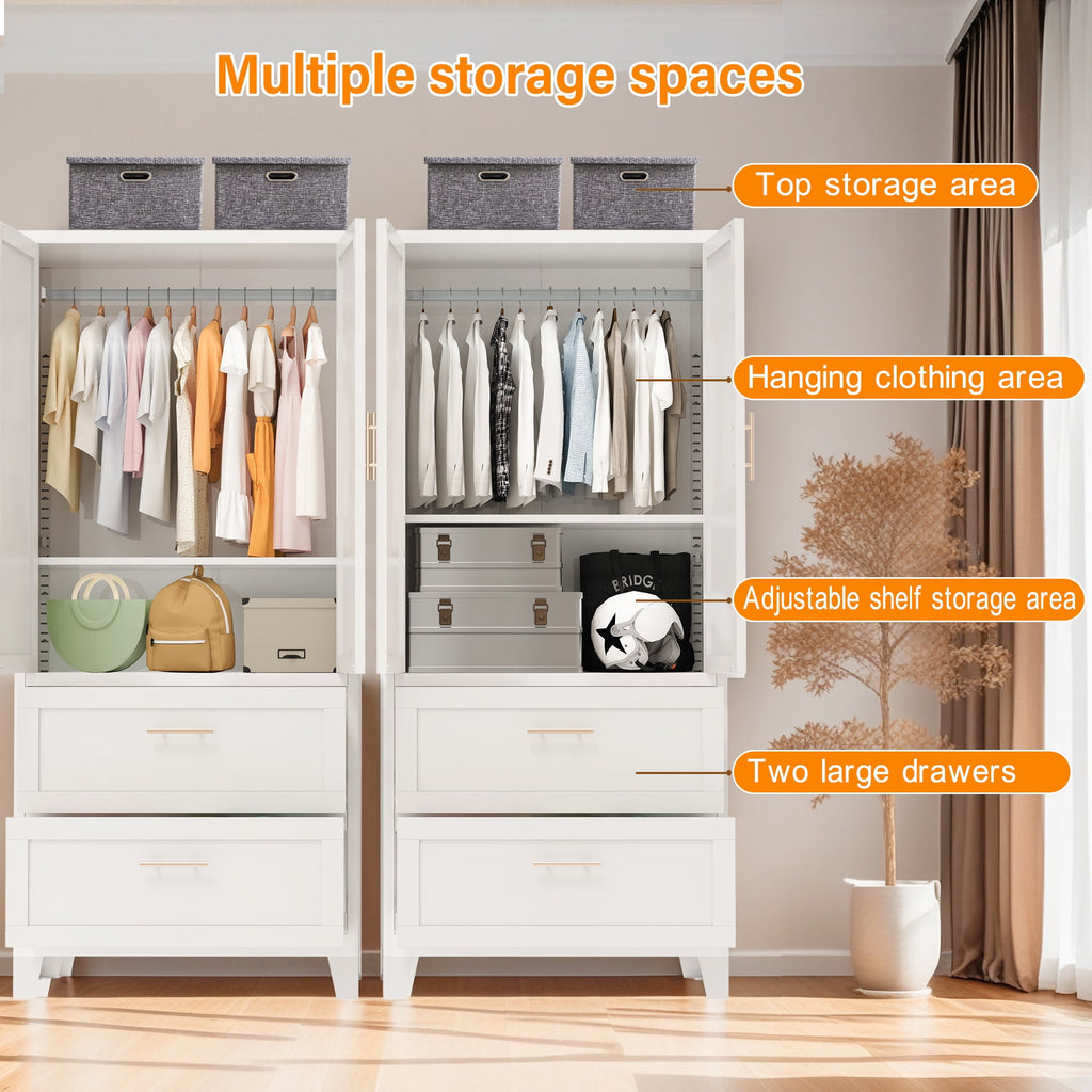 AISWORD 60 Tall Metal Wardrobe Cabinet with 1 Drawer and Hanging Rod, 2 Doors Closet with Adjustable Shelf, White