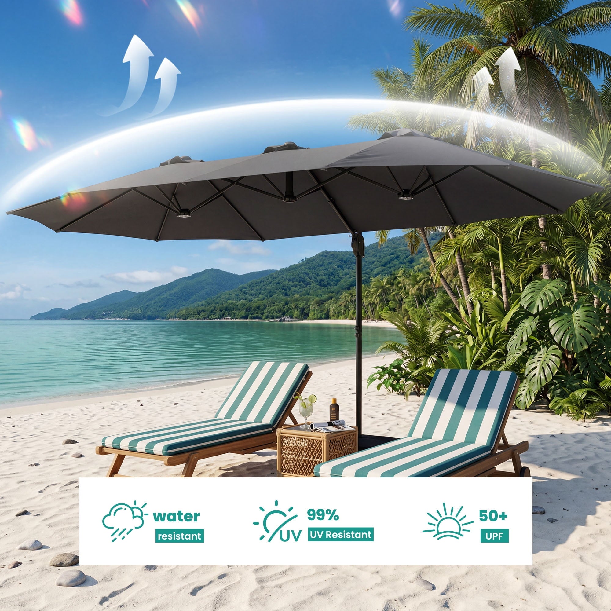MOALCOFER 15 x 9 FT Double Sided Patio Umbrella with Base Included, Outdoor Rectangular Market Umbrella with Crank Lift, 12 Reinforced Ribs， Khaki