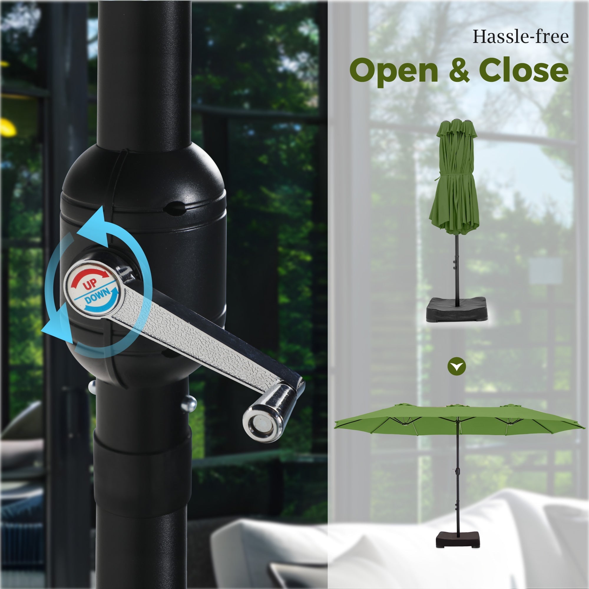 Alpha Joy 15ft Outdoor Patio Umbrella Extra-Large Double-Sided Garden Umbrella with Crank Handle and Base - Smoky Gray