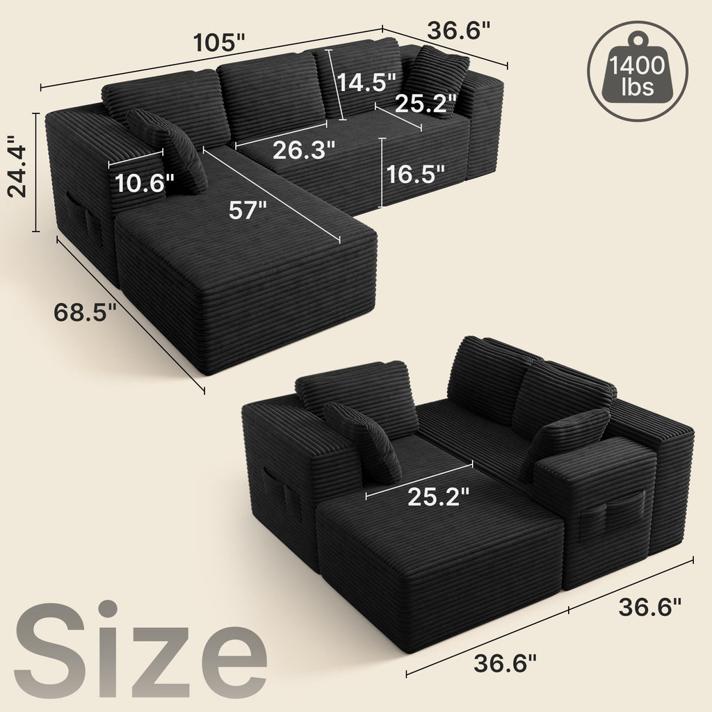 Sofa, Lofka 105 Free Assembly L-Shaped Sectional with Pet Friendly Corduroy Fabric, Black for Living Room/Apartment