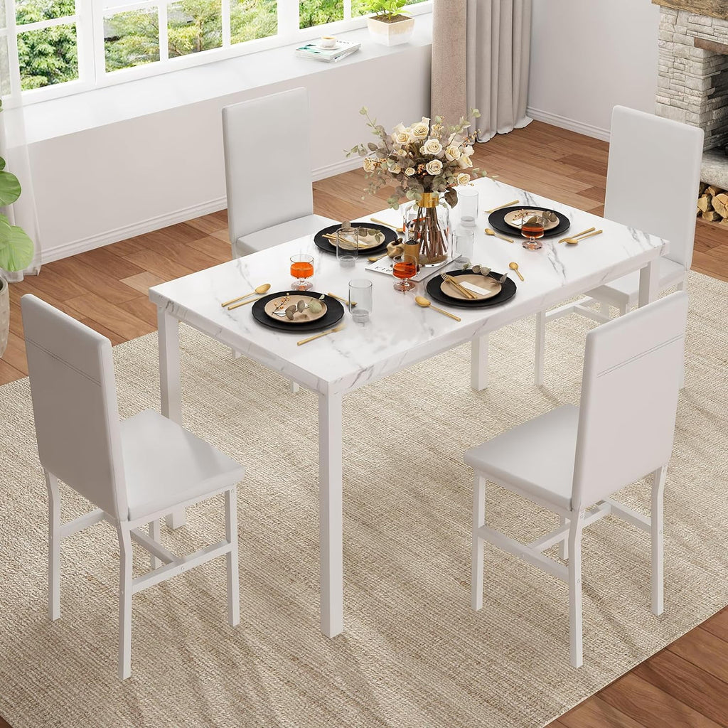 MIERES 5-Piece Dining Table Set for 4, Faux Marble Kitchen Table and 4 Chairs, Modern Dining Room Table with 4 Chairs, Dinner Table Set for Small Spaces, Brown