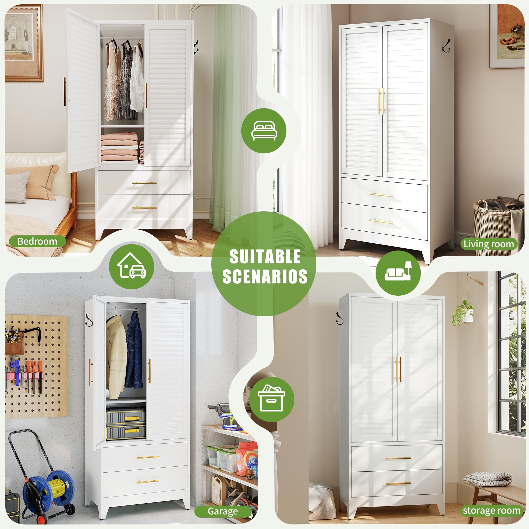 avobird 60 Tall Metal Wardrobe Cabinet with 1 Drawer and Hanging Rod, 2 Doors Wardrobe Closet with Shelf for Bedroom, Beige