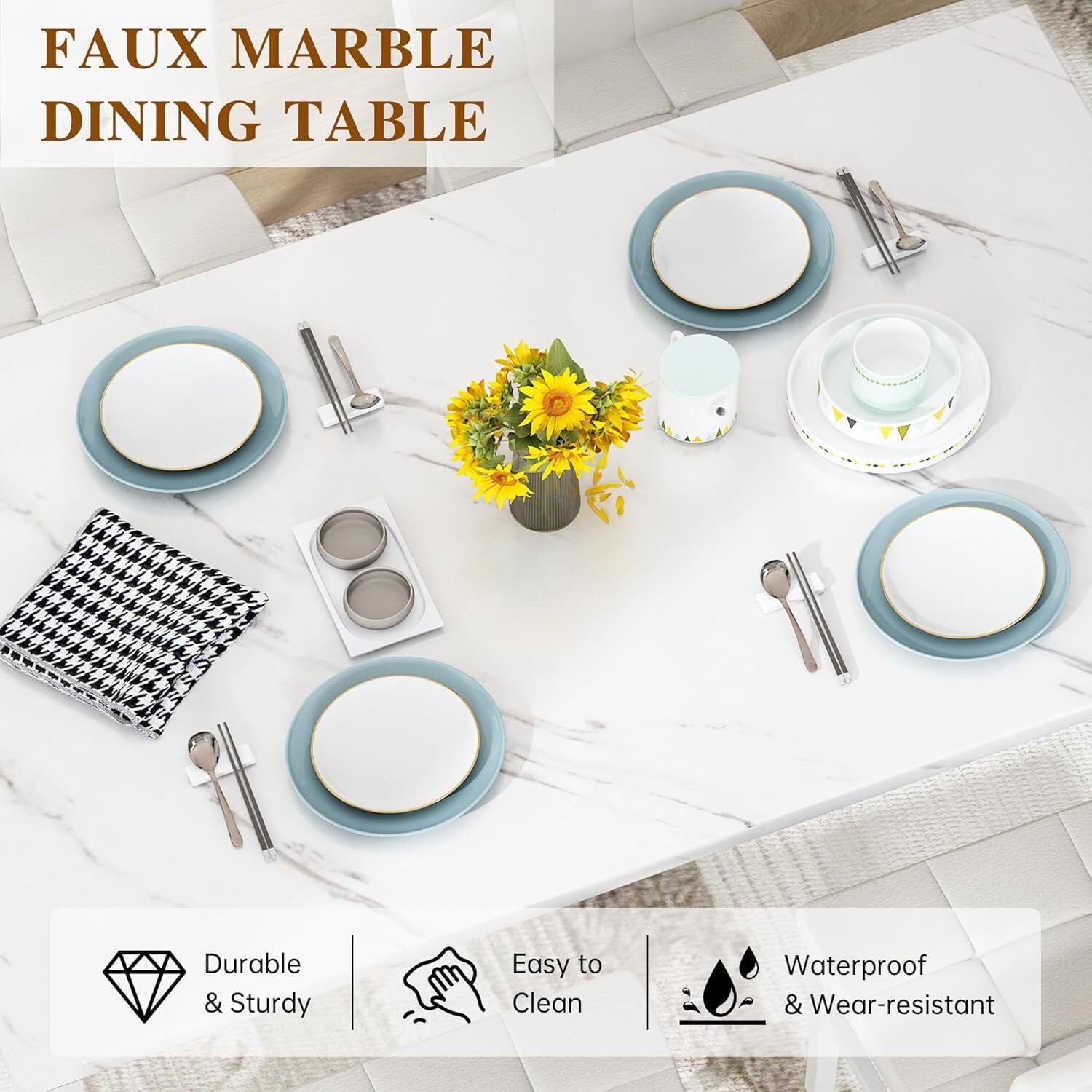 MOOSENG 5-Piece Dining Table Set with Faux Marble Top, Modern Kitchen Table and Set of 4 Grey Velvet Upholstered Chairs, Space-Saving Dinette Set for Small Spaces