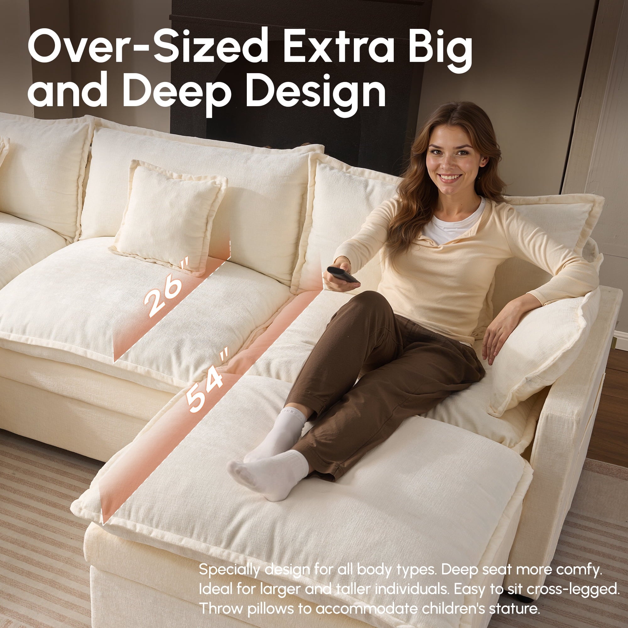 Ovios 108 Modular Sectional Sofa U-Shaped Cloud Couch with 2 Ottomans, Comfy Living Room Furniture, Chenille, Camel