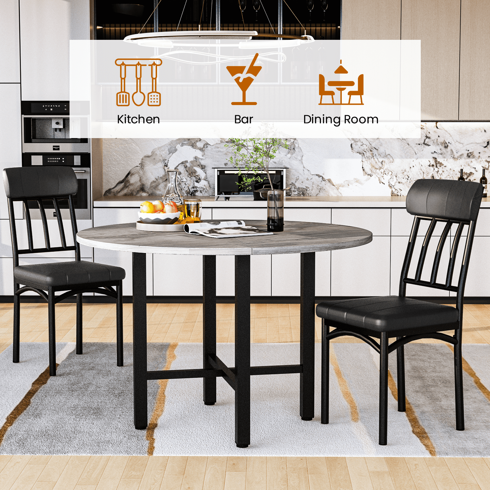MIERES Round Dining Table Set for 4,Wood Round Kitchen Table and Chairs Set for 4,Modern Dining Room Table Set with 4 Faux Leather Chairs,Round Dinner Table for Small Space Gray